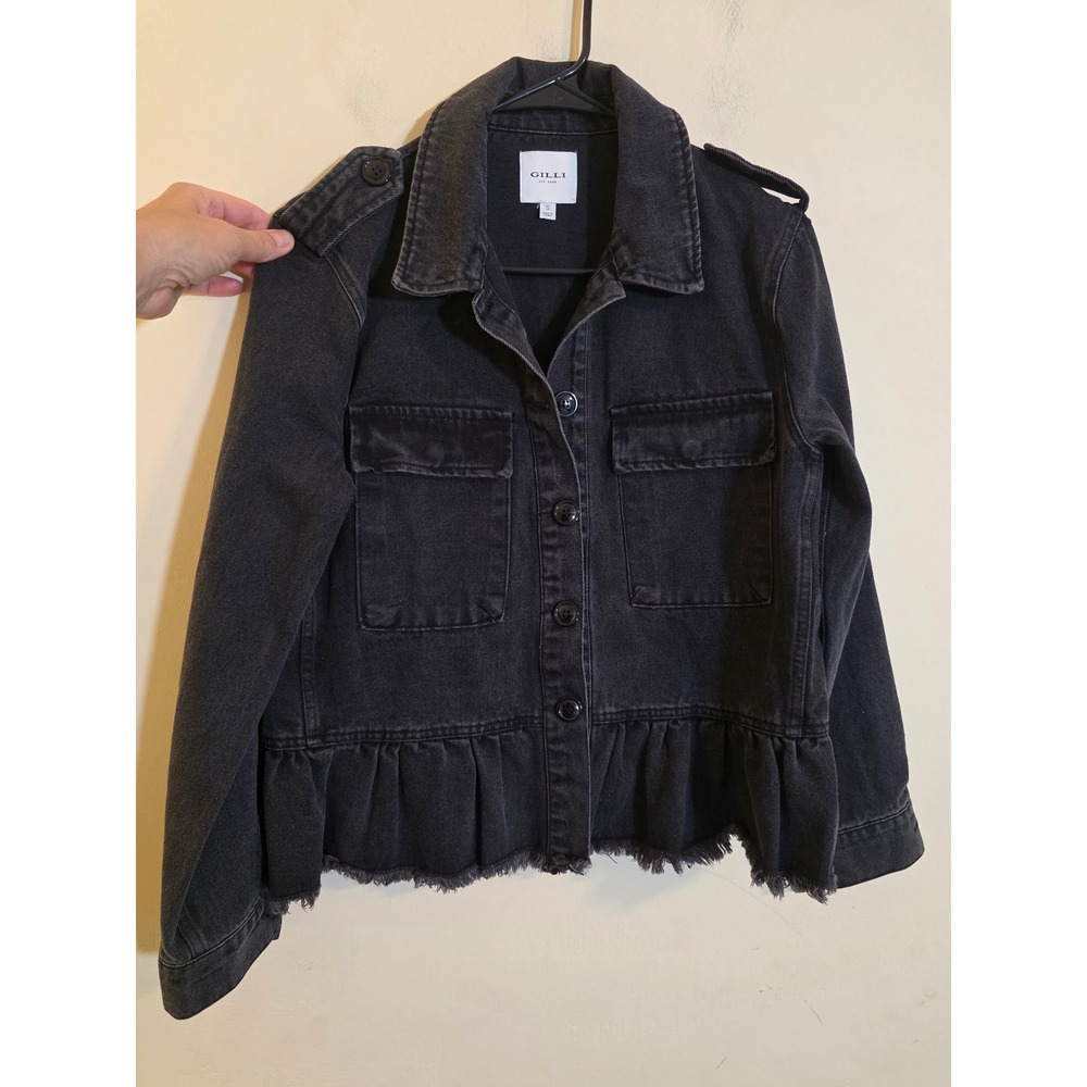 Gilli Black Denim Peplum Jacket Womens Small Frayed Hem Utility OJ5802 Cotton